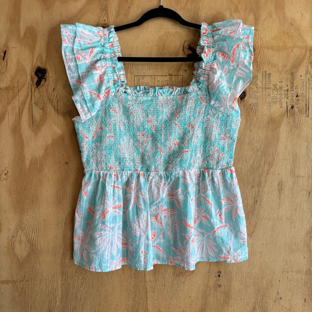 Vineyard Vines Floral Smocked Ruffle Sleeve Top Sz L